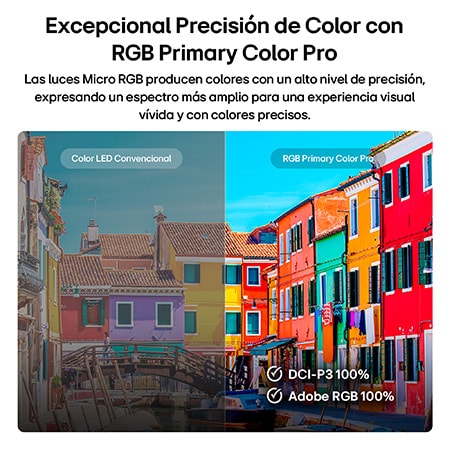 RGB Primary Color Pro, used in LG Mini RGB evo AI MRGB85, features a split image comparing conventional LED color on the left with brighter, more saturated buildings on the right, highlighting 100% DCI-P3 and 100% Adobe RGB coverage.